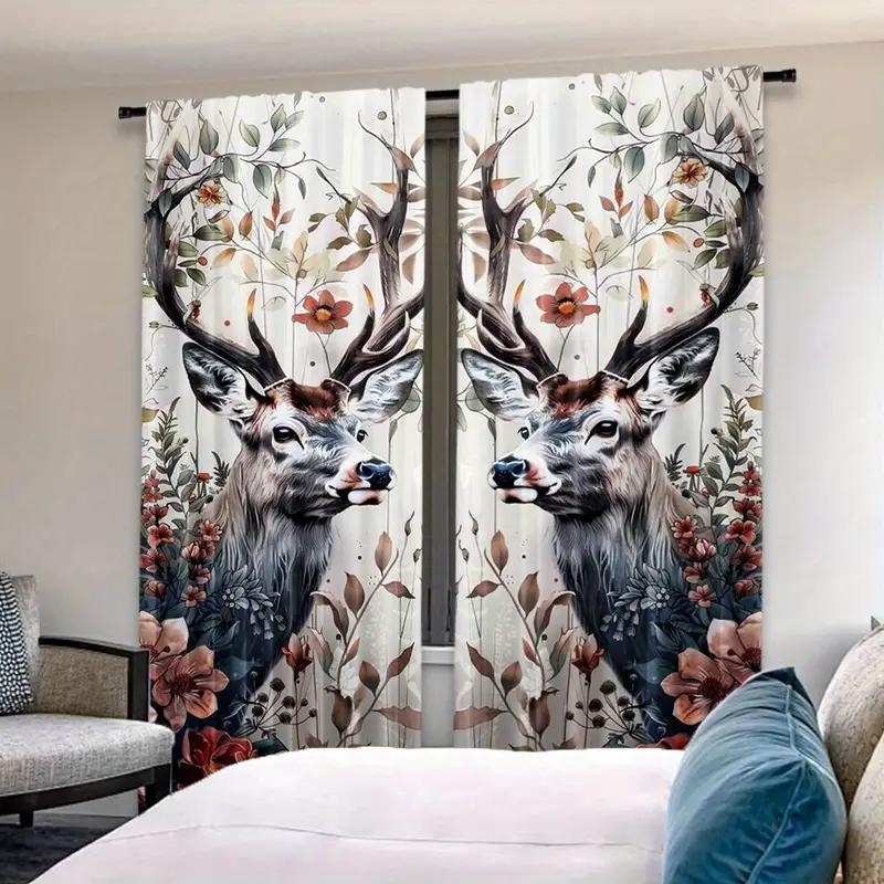 Flower Deer Printed Curtains Pole Bag Polyester Material Design Bedroom Home Decoration Curtain Set Of 2 Made Washable Master Ready