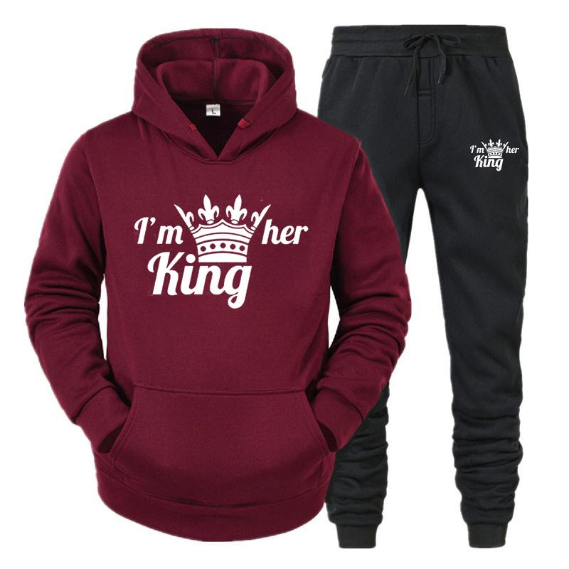 Спортивный костюм для влюбленных, толстовки с принтом QUEEN KING, толстовка для пар, одежда больших размеров с капюшоном, женские толстовки, комплект из двух предметов
