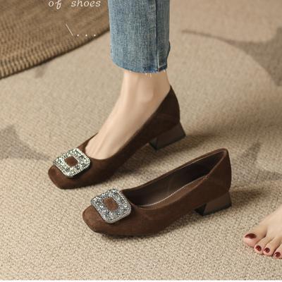 Женские туфли-лодочки 2024 года, новые женские туфли на высоком каблуке с квадратным носком, замшевые, со стразами, пряжкой, без застежек, модные свадебные туфли, женская обувь для работы