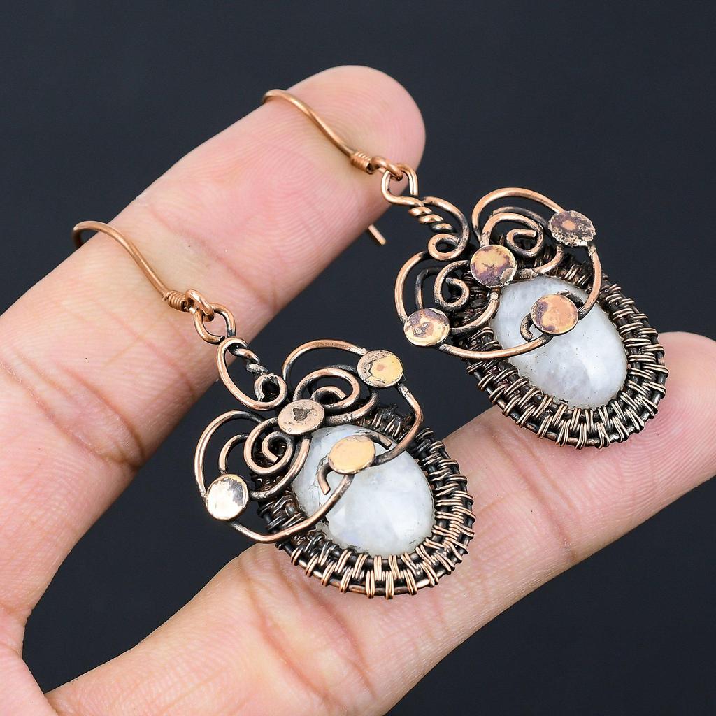 Лунный камень Драгоценный камень ручной работы из чистой медной проволоки, обернутый замечательными ювелирными серьгами