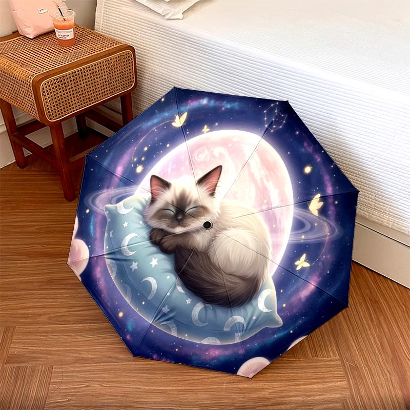 1 шт. Автоматический складной зонт - С рисунком милого спящего кота, Портативная и складная конструкция с 8 спицами, Рождественские и новогодние подарки на день рождения