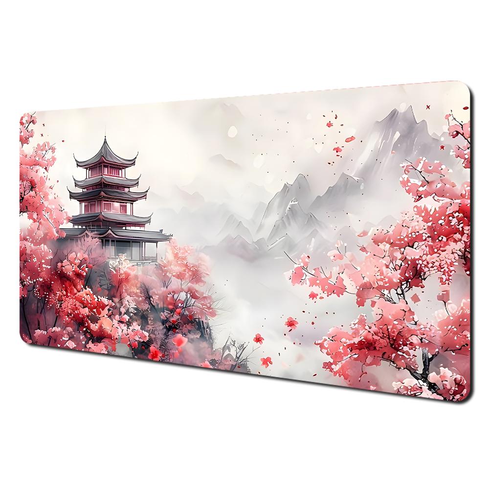 Romantic Cherry Blossoms And Pagoda Design Large Mouse Pad Desk Mat Stitched Edge Nonslip Durable Gaming Pad Tapis De Souris