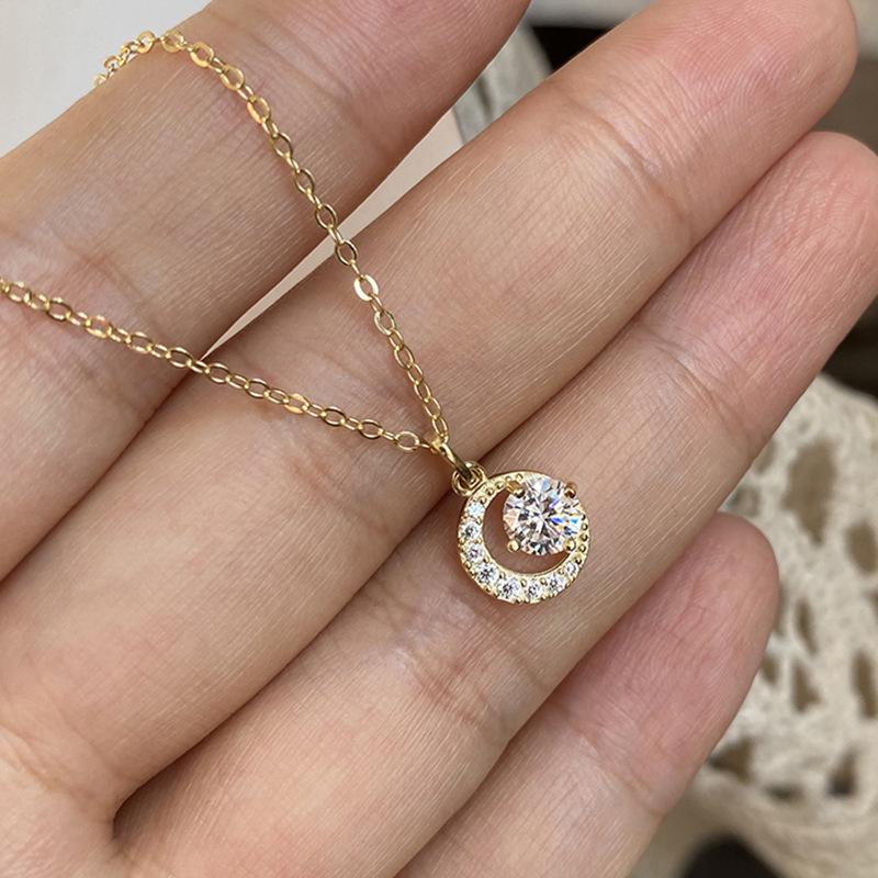 Round Zircon Moon Necklace Women's Light Luxury Niche Design Sense Super Flash Full Diamond Crescent Commuter Stainless Steel Collarbone Chain