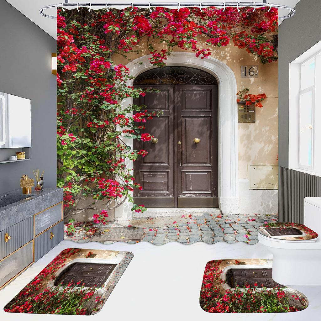 4 шт., наборы занавесок для душа в европейском стиле с архитектурой замка Мандала для ванной комнаты, нескользящие коврики для ванной комнаты, крышка для унитаза, коврик для ванной