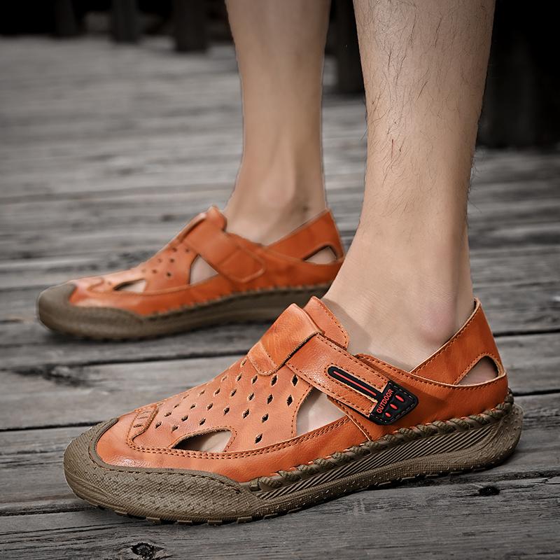 Мужские повседневные дышащие мягкие сандалии из натуральной кожи с ручной строчкой