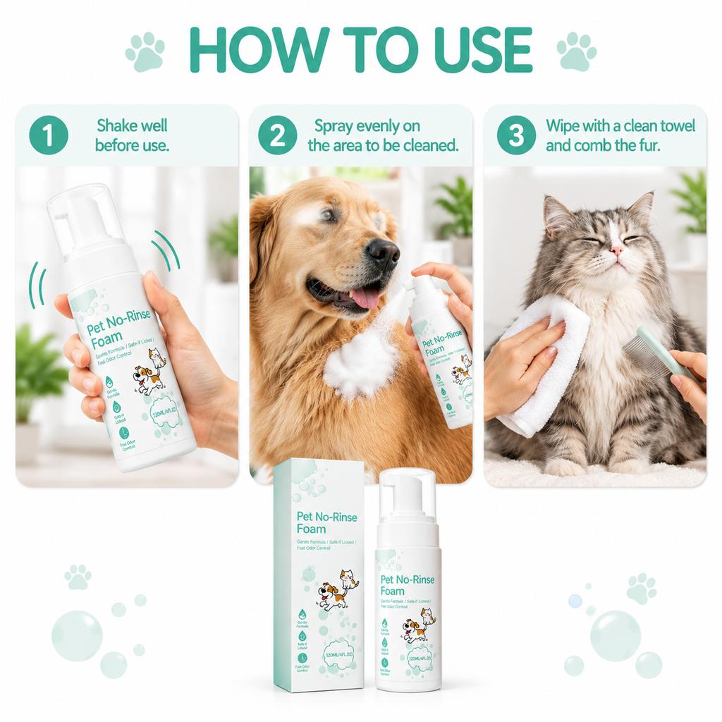 Pet No-Rinse Cleaning Foam: Gentle and Skin-Friendly Formula, Suitable for Cats and Dogs, Portable and Easy to Use Foam
