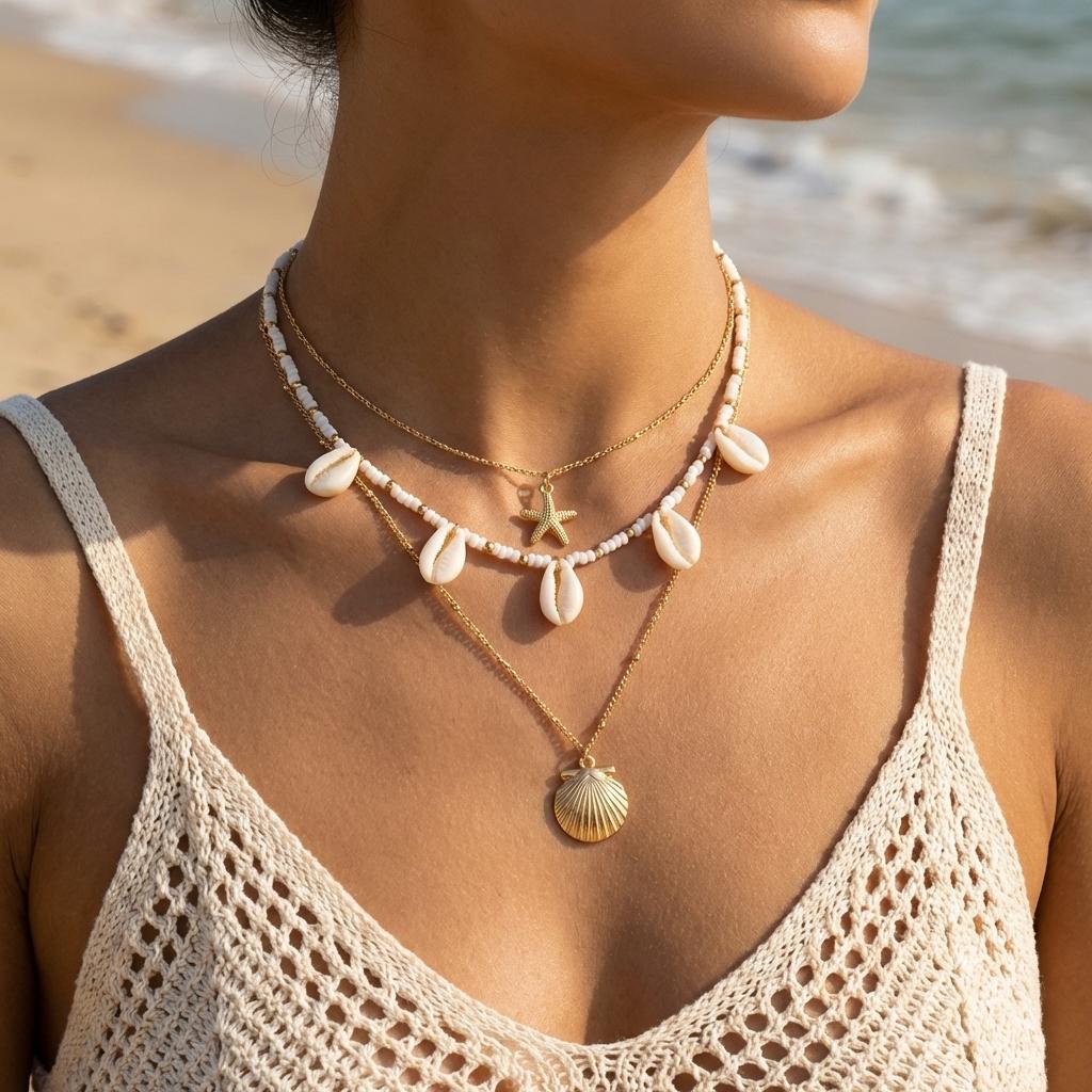 Boho Chunky Shell Layered Necklace for Women Gold Color Starfish Cowrie Scallop Pendant Summer Beach Festival Jewelry Gift