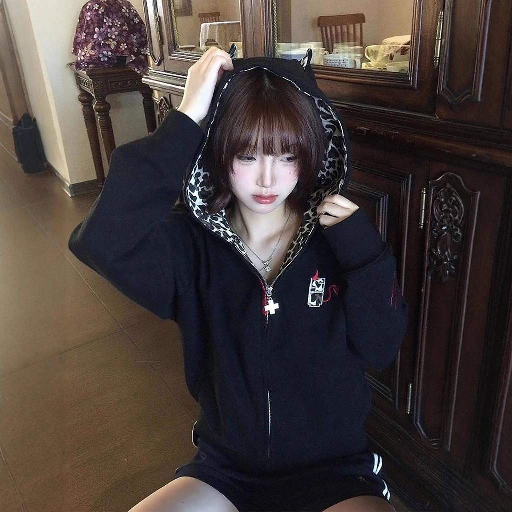 Karrram Japanese Y2k Devil Hooded Jacket 2000s Style Puppy Print Outerwears Vintage Harajuku Thin Zipper Coat American Retro 90s