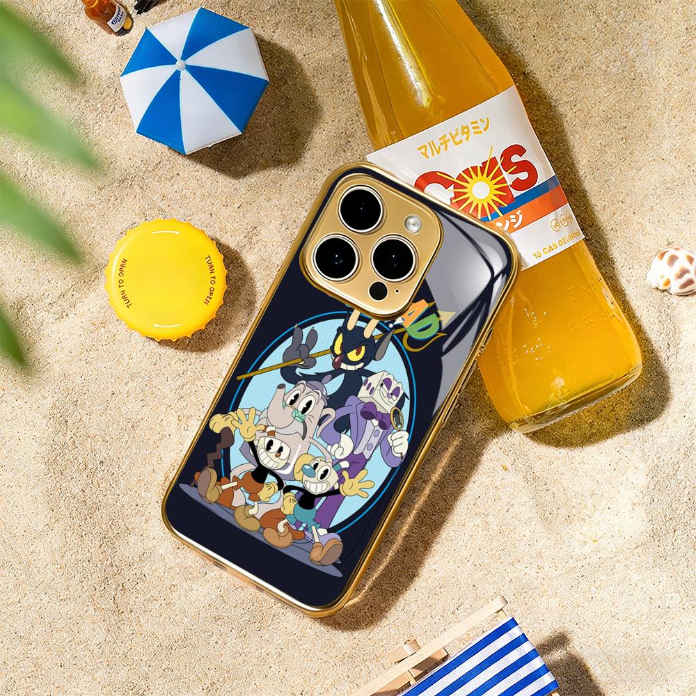 Милый чехол-кружка с классическим мультяшным рисунком Для iphone 17 16 15 14 13 12 11Pro Plus Max Роскошный позолоченный стеклянный чехол для телефона