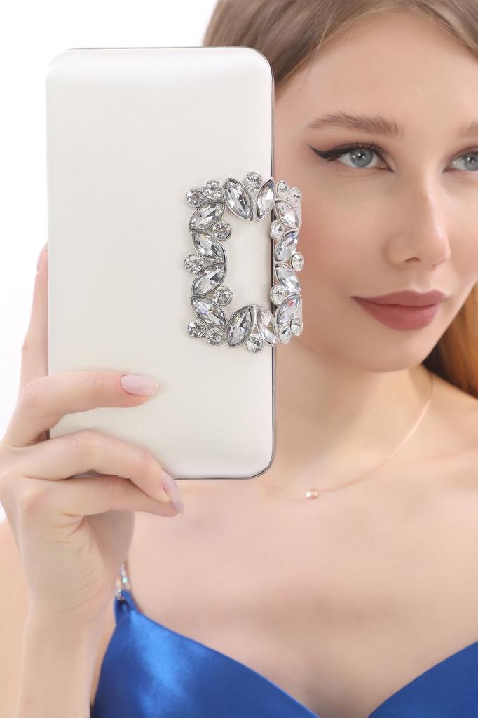 Women's Stylish and Useful Evening Dress Bag Pearl Color Satin Fabric Flower Motif Stoned Evening Dress Portfolio Clutch Evening Bag