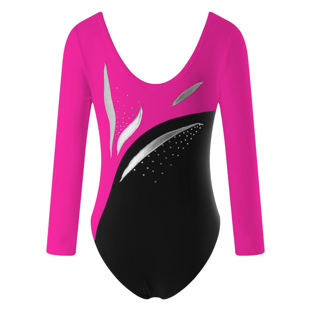 Kids Girls Stylish Clothing Long Sleeve Round Neckline Shiny Rhinestone Decorated Slim Fit Dance Leotards