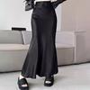 Women Fishtail Skirt High Waist Fishtail Hem Maxi Skirt Solid Color Retro Satin Texture Hip Wrapped Skirt