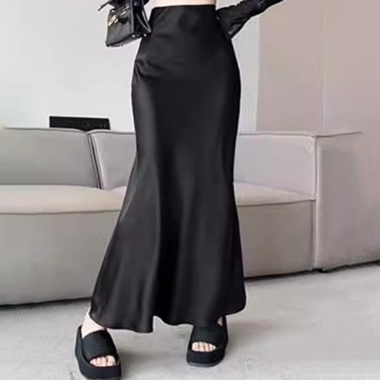 Women Fishtail Skirt High Waist Fishtail Hem Maxi Skirt Solid Color Retro Satin Texture Hip Wrapped Skirt