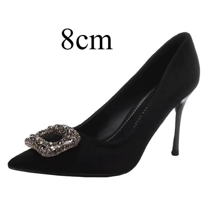 Women's Stiletto Rhinestone Suede Elegant Pointed-Toe Square Buckle French Minority Beautiful High Heels