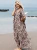 EDOLYNSA Leopard Print Women's V-neck Long Dress Tunic Kaftan Bikini Cover Up Robe Soft Classy Versatile Swimsuit Cover-up Outfits Q1128