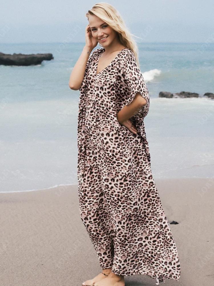 EDOLYNSA Leopard Print Women's V-neck Long Dress Tunic Kaftan Bikini Cover Up Robe Soft Classy Versatile Swimsuit Cover-up Outfits Q1128