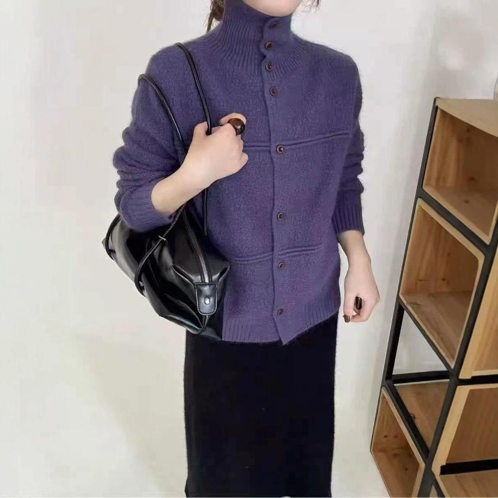 Women's High-Neck White Long-Sleeve Loose Knit Cardigan Sweater Top