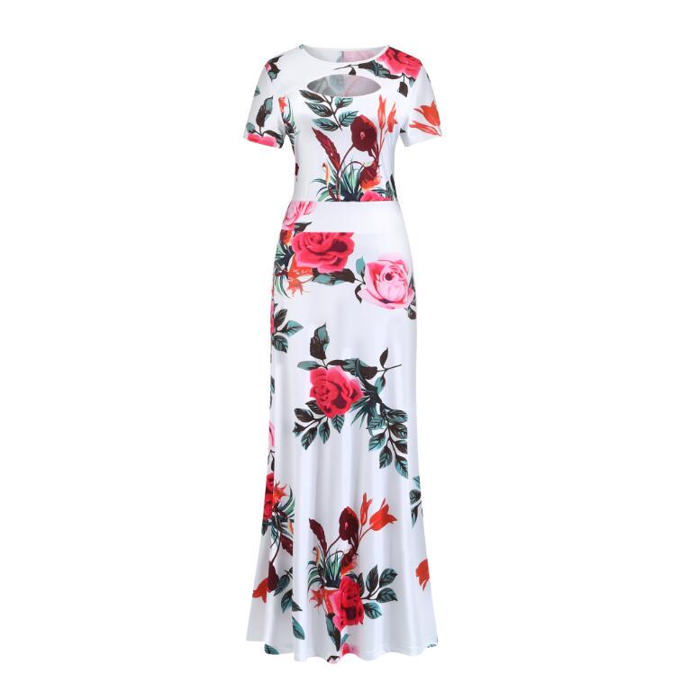Elegant Spring Autumn Women Dress Casual Bohmia Flower Print Maxi Dresses Hollow Out Dress Plus Size