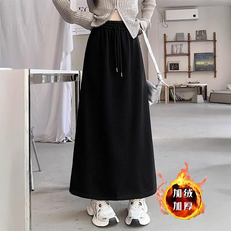 Прямая юбка на флисовой подкладке Женская Осенне-зимняя с высокой талией А-силуэта Карандаш Миди с разрезом Облегающая
