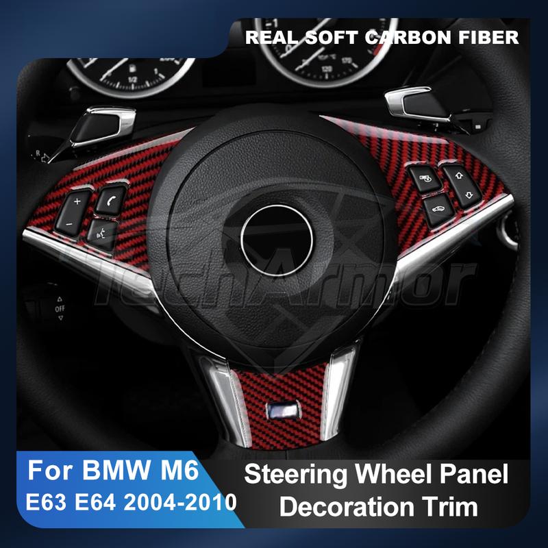 Carbon Fiber For BMW M6 E63 E64 2004-2010 Car Steering Wheel Trim Button Panel Frame Decoration Sticker Set Interior Accessories.