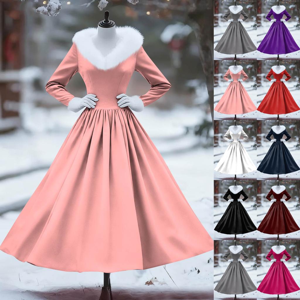 Women's Casual Dress Long-Sleeve V-Neck Patchwork Fleece Christmas Print Dress