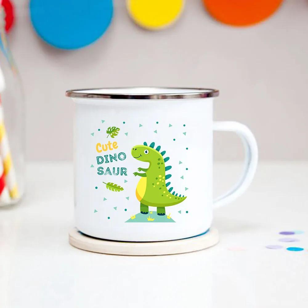 Happy Birthday Boys Girls Enamel Cocoa Mugs Home Party Cartoon Dinosaur Kids Drink Juice Cola Milk Cups Child Baby Birthday Gift