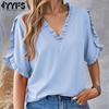 Женские модные повседневные летние весенние однотонные блузки и рубашки с v-образным вырезом и короткими рукавами с принтом