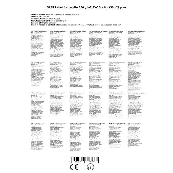 Bâche PVC 650 g/m², bâche de protection 5x6m (30m²), blanche, imperméable