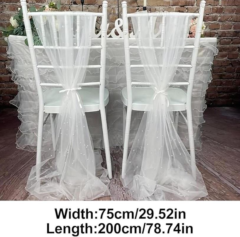 2pcs Pearl Tulle Chair Sashes 75x200cm Organza Fabric Sheer Tulle Chair Drapes For Wedding Party Event Banquet Home Decoration