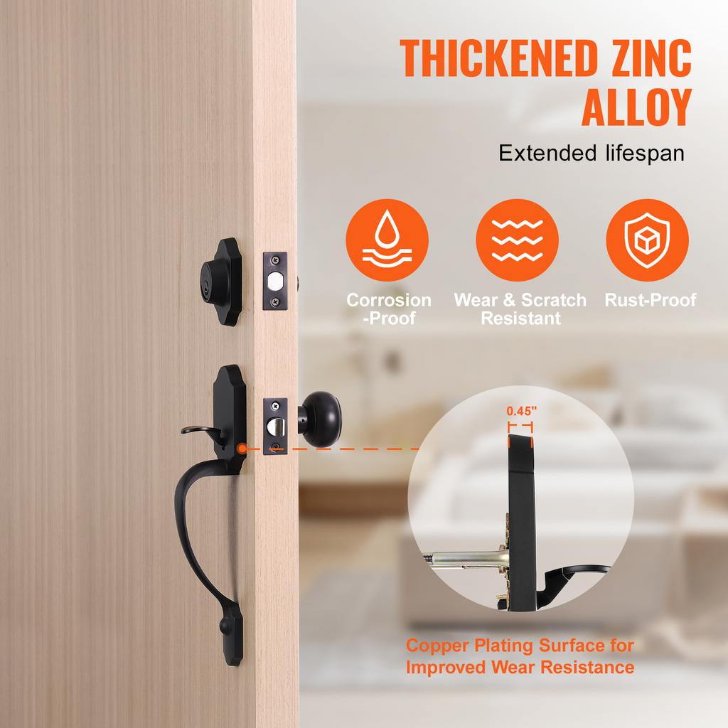 SucceBuy Front Door Handle Deadbolt Set Front Door Lock Set with Interior Knob Adjustable Hole Spacing Single Cylinder Handleset