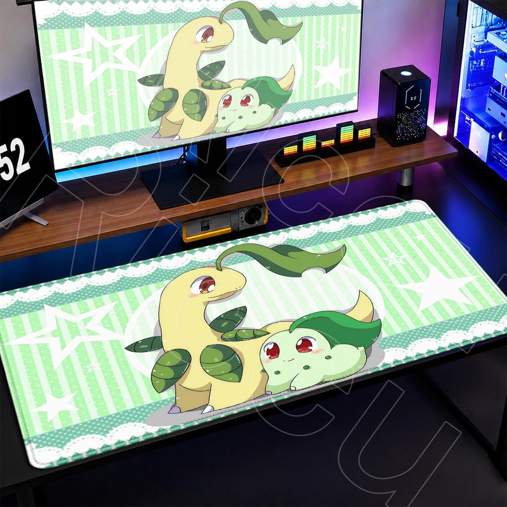 Office Gamer Decoration Mouse Mat Chikorita Anime Green Mouse Pad Large Desktop NonSlip Keyboard Rug Notebook Protector
