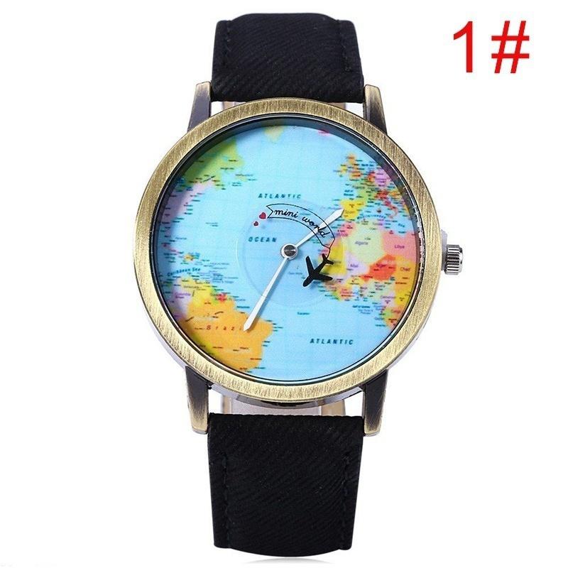 Universal Women Men World Map Globe Quartz Aeroplane Watch Denim Strap