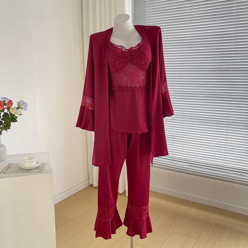 Весенние и осенние пижамы из трех частей, сексуальная кружевная домашняя одежда, повседневные атласные пижамы, женское нижнее белье, домашняя одежда