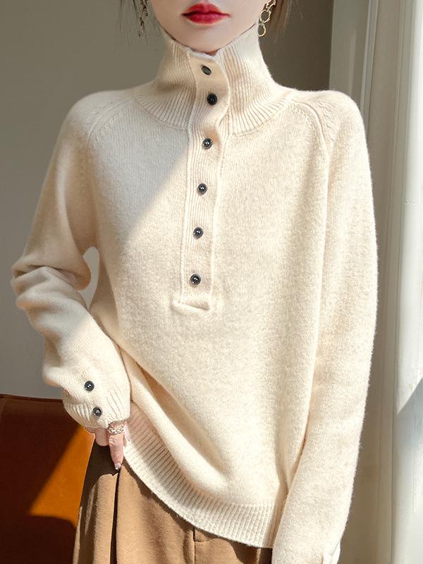 Autumn/Winter Women's Retro Knit Loose Henley Collar Wool Sweater