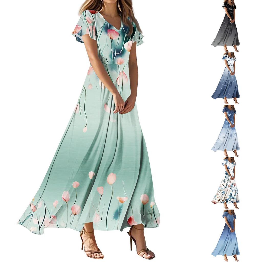 Women's Casual Fashion Print Long Dresses V-Neck Short Sleeve Dresses
