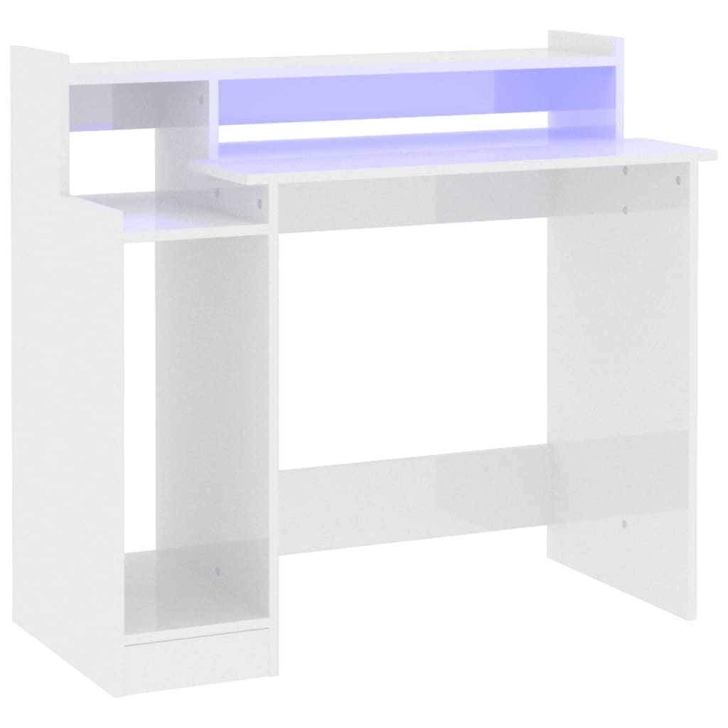 Biurko Z Podświetleniem Led, Białe, Wysoki Połysk, 97X45X90 Cm