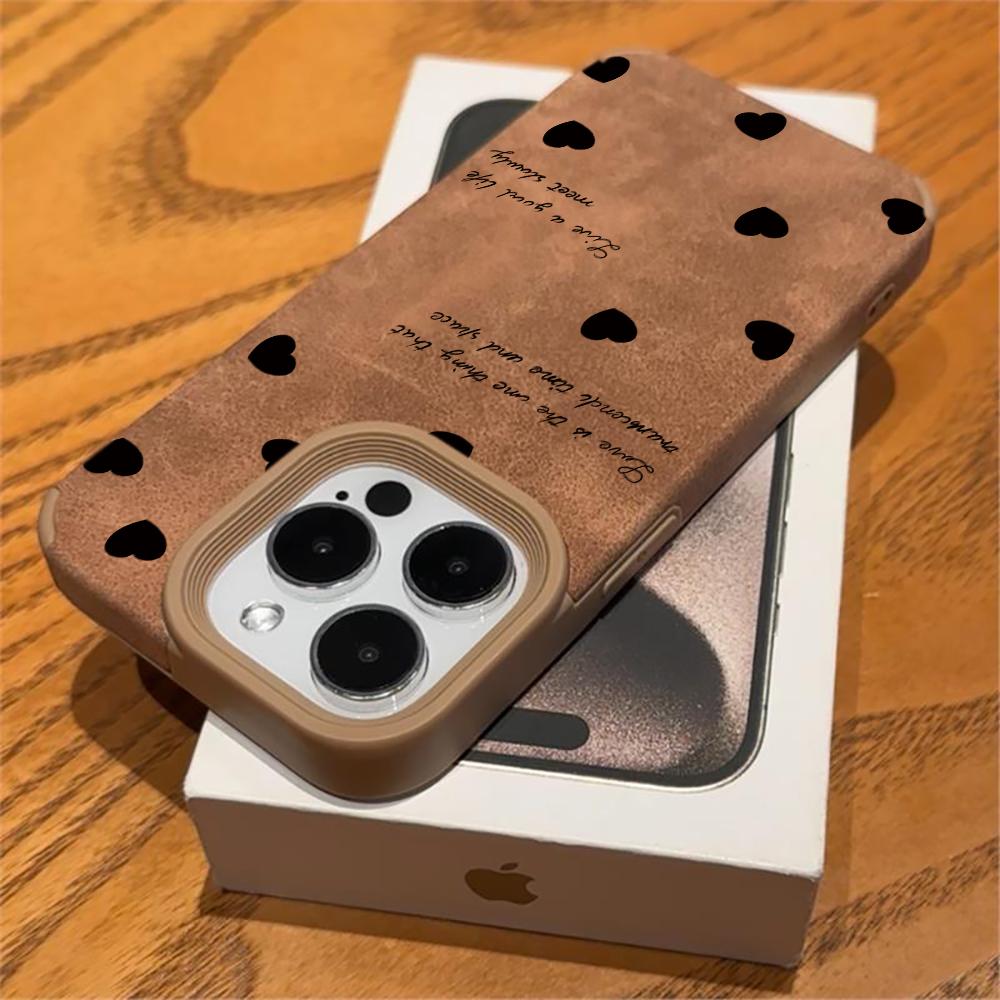 Fresh Black Love Heart Luxury Executive Fiber Leather Case For iPhone 15 16 17 Pro Max 14 13 12 11 Pro 7 8 Plus Shockproof Funda