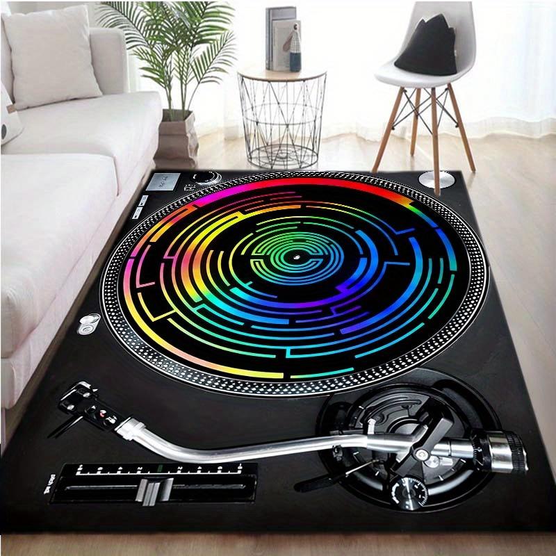 1pc 2D Flat Rainbow Turntable Music Vinyl Flannel Area Rug Non Slip Retro DJ Carpet For Living Room Studio Floor