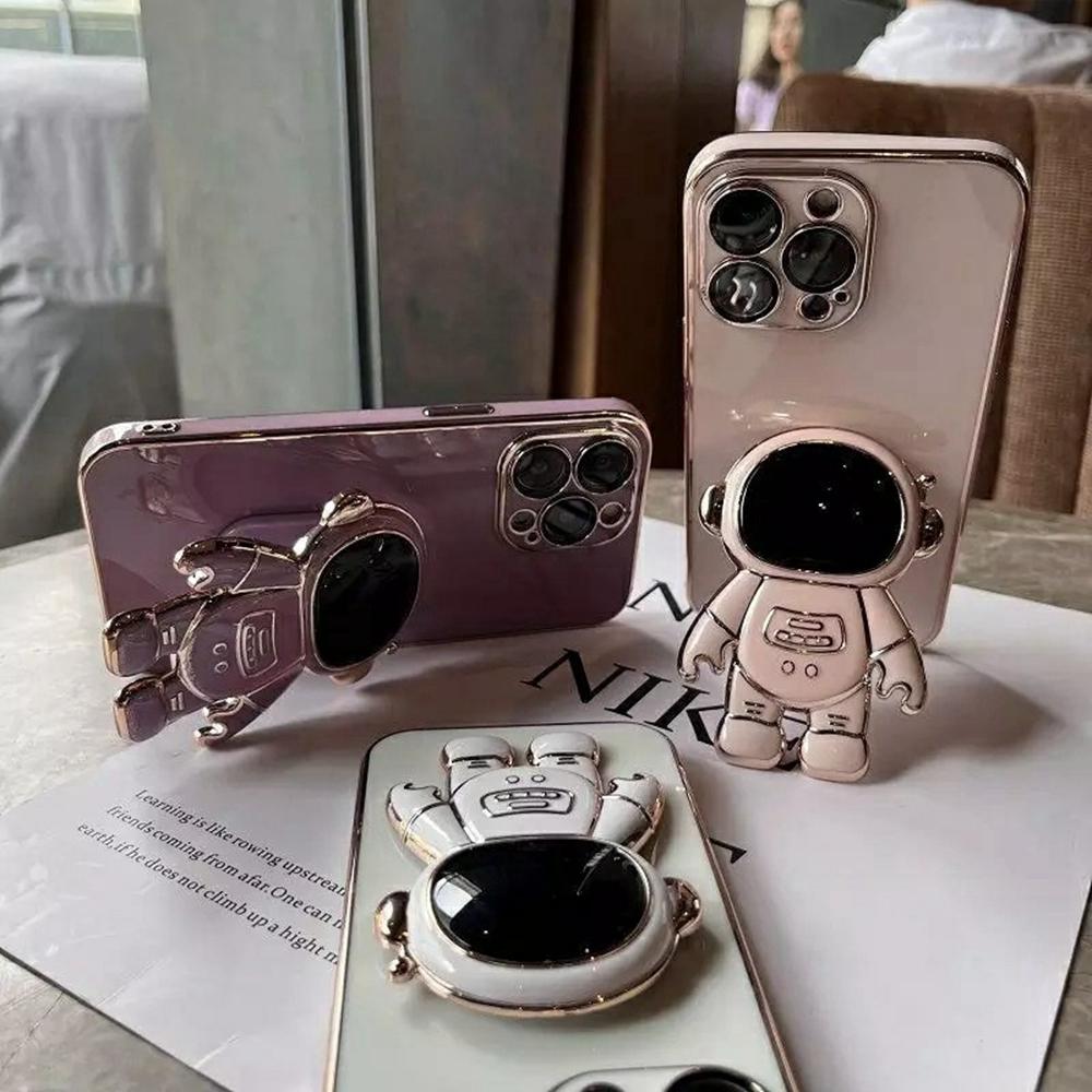 For iPhone 12 Pro Case Electroplating Soft TPU Phone Cover Astronaut Hidden Kickstand