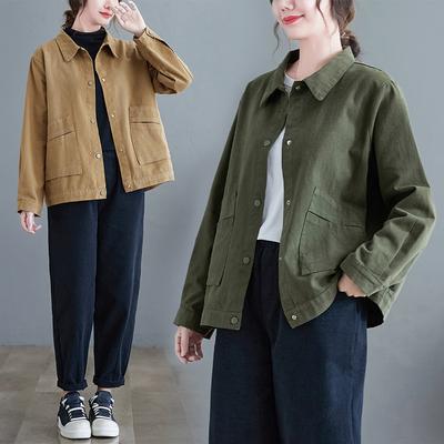 Женские повседневные короткие куртки, осенняя винтажная однотонная универсальная свободная женская хлопковая верхняя одежда, пальто