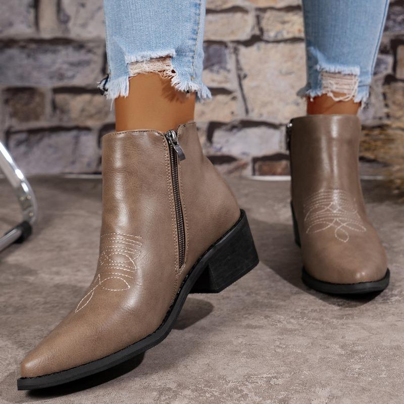 Shoes for Women 2024 Hot Sale Zipper Women's Boots Autumn Pointed Toe Solid Naked Boots Chunky Heels Short Barrel Western Boots