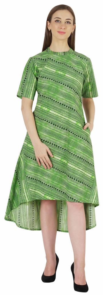 Phagun Printed Cotton Dress W Pockets Mandarin Collar Asymmetrical Knee Length Dress For