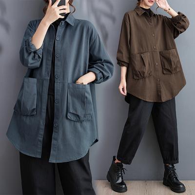 Большие размеры Женская новая весенняя блузка Базовые рубашки Однотонное повседневное пальто на пуговицах Большие модные длинные рукава Винтажные свободные топы