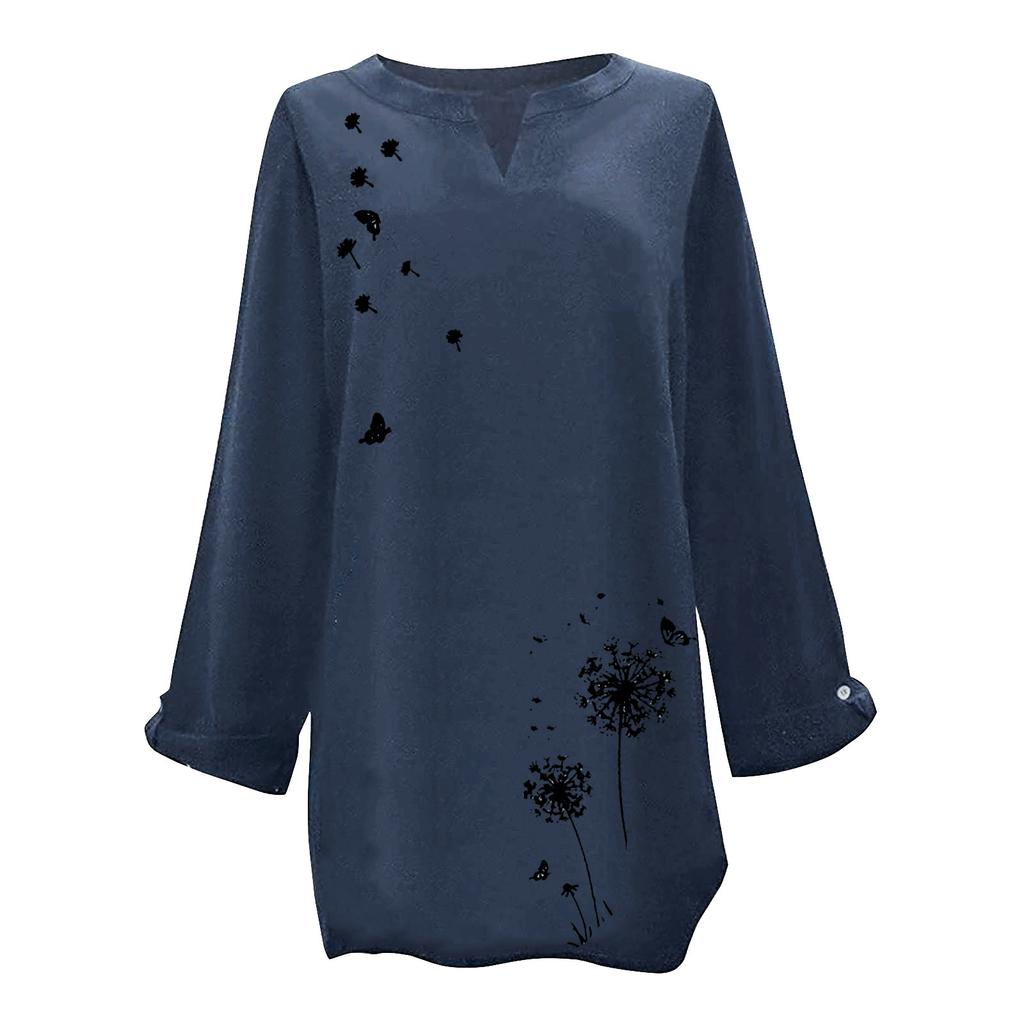 Women's Cotton And Linen Print Casual V-Neck Large Size Print Shirt Tops