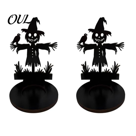 Anti Deformation Wood Base Halloween Wooden Shadow Candle Holder, Scarecrow Bat Black Cat Ghost Silhouette Artistic Table Ornament for Home