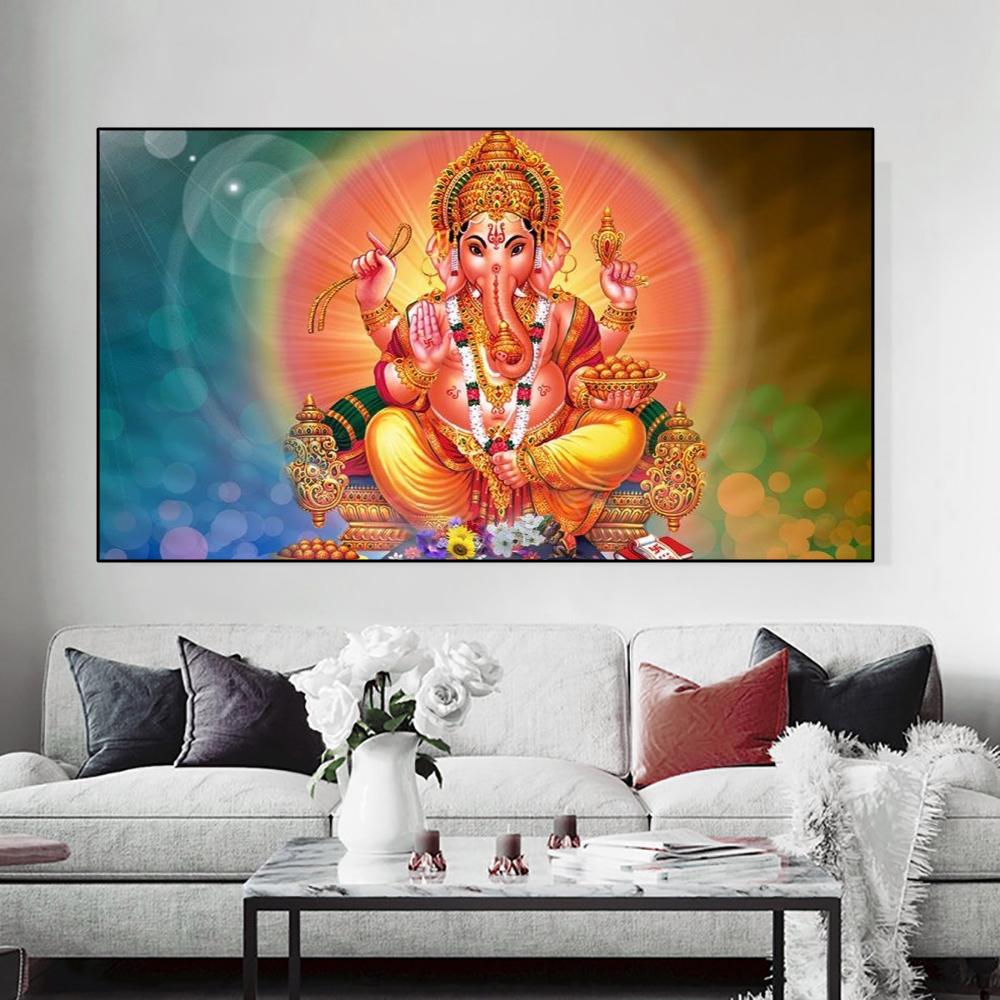 Solid Wood Frame Abstract Elephant God Vintage Hindu Lord Ganesha Canvas Painting Posters and Prints Wall Art Pictures Home Decor