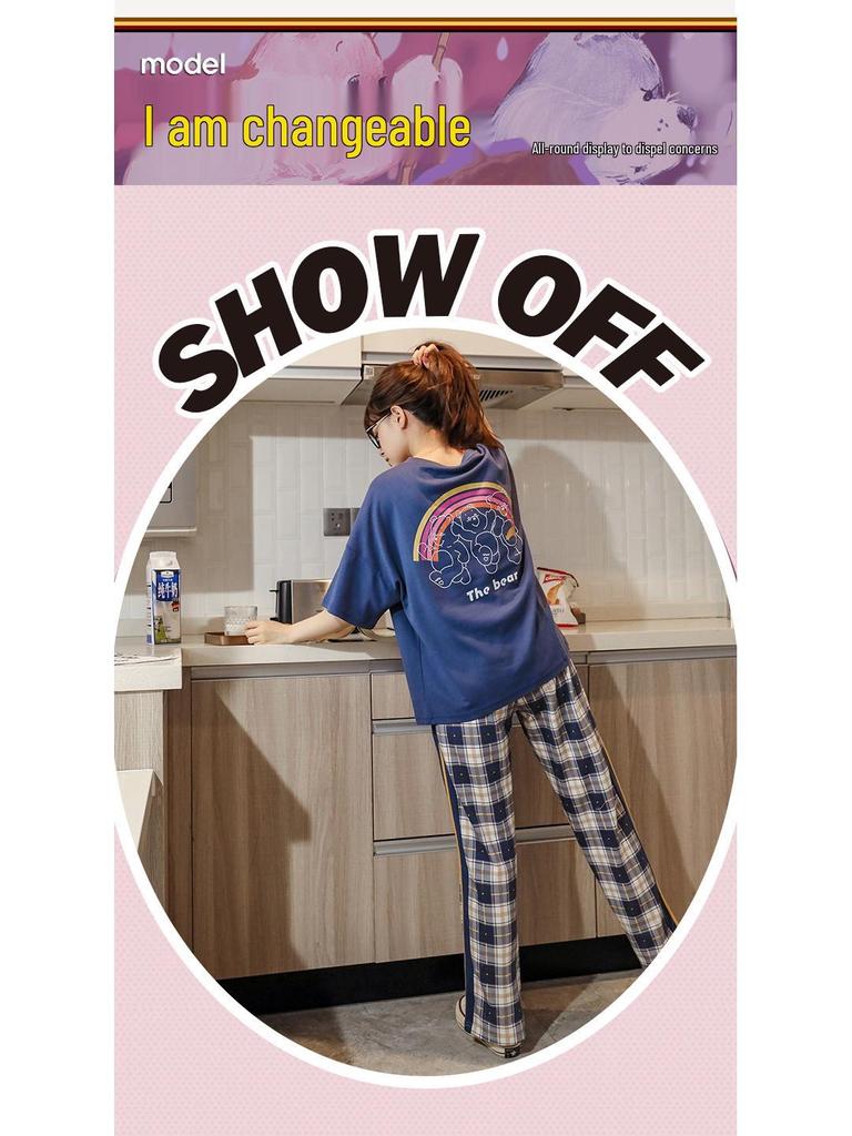 2025 Spring/Summer Women's Cotton Pullover Pajama Set - Short Sleeve Top with Long Pants