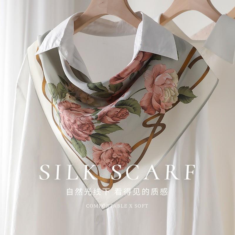 Literary Flower All-matching Mulberry Silk Crepe De Chine Scarf Sunscreen Fashion Square Towel