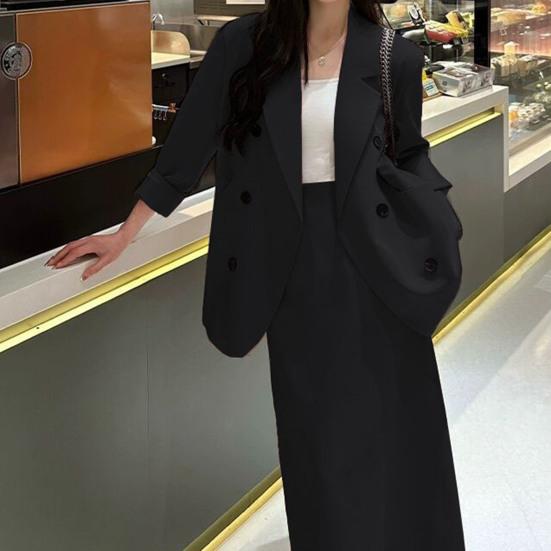 Женский костюм из 2 предметов, пальто, юбка, двубортный пиджак с длинными рукавами и лацканами, средней длины, свободная юбка с высокой талией, формальный деловой стиль, наряд