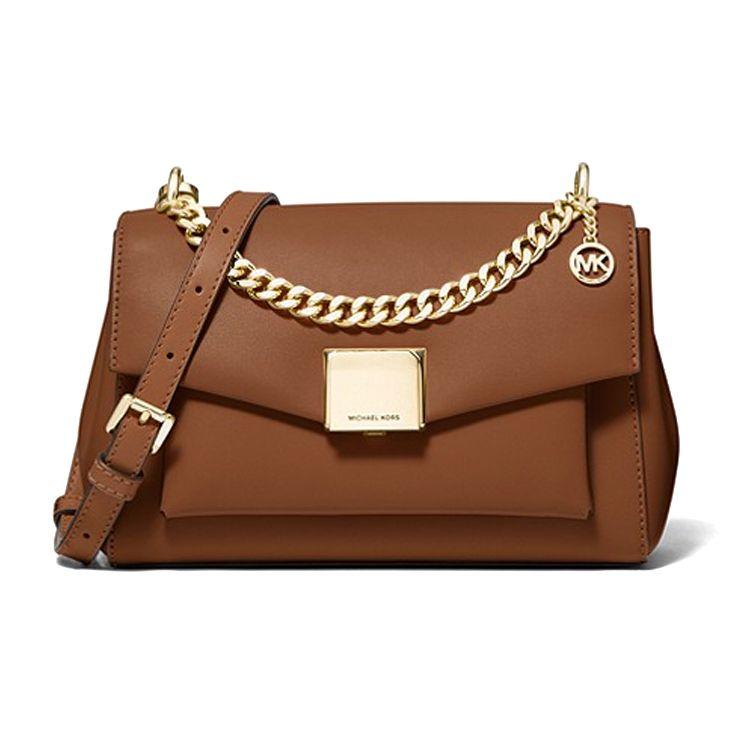 Michael Kors Lita Дорожная Сумка на Цепочке с Клапаном Золотая Пряжка Кожаная Сумка Через Плечо Средняя Женские сумки Коричневый 35T0GXPL2O-230